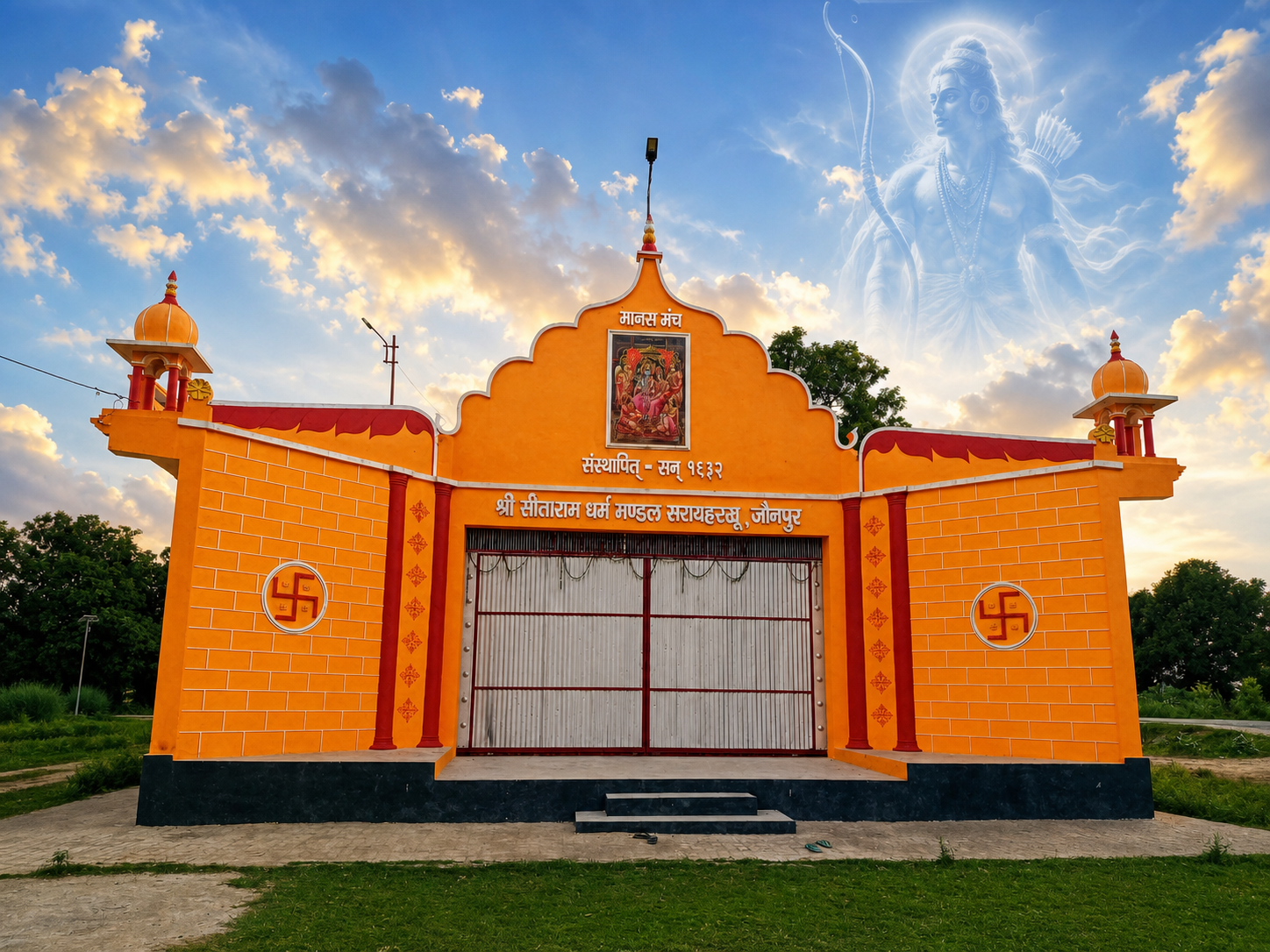 Shri Sitaram Dharm Mandal gate with Shri Ram reflection in clouds